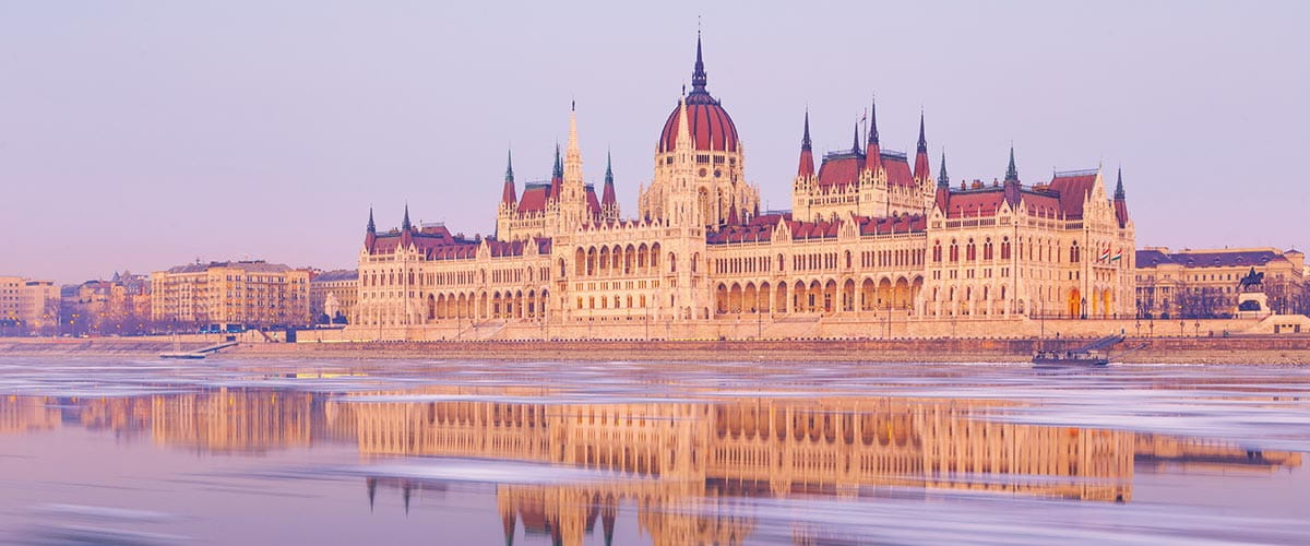 The Parliament Building in Budapest at dusk in winter